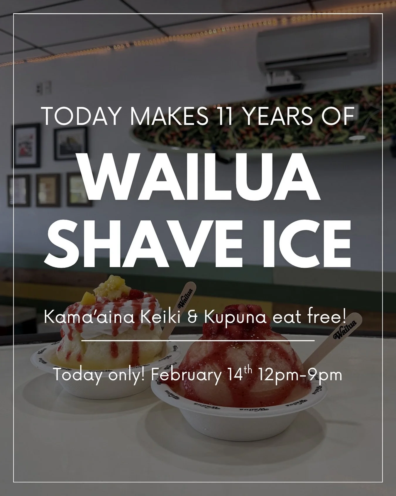 Happy Valentine&rsquo;s Day &amp; 11th anniversary to us! In honor of our anniversary, Kama&rsquo;aina Keiki &amp; Kupuna eat free all day TODAY! Show our team this post when you order to be sure you get the discount. We stay open 12pm-9pm 🤙🏼❤️ Sto