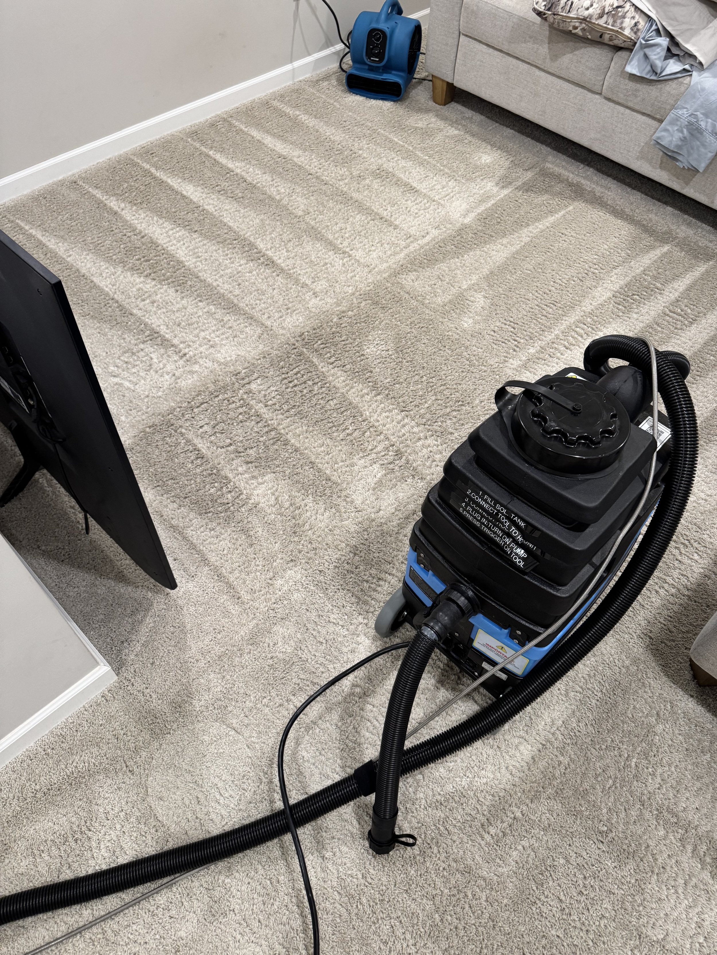 Carpet cleaning machine with a black hose on a beige carpet next to a couch and a blue air mover in a room.