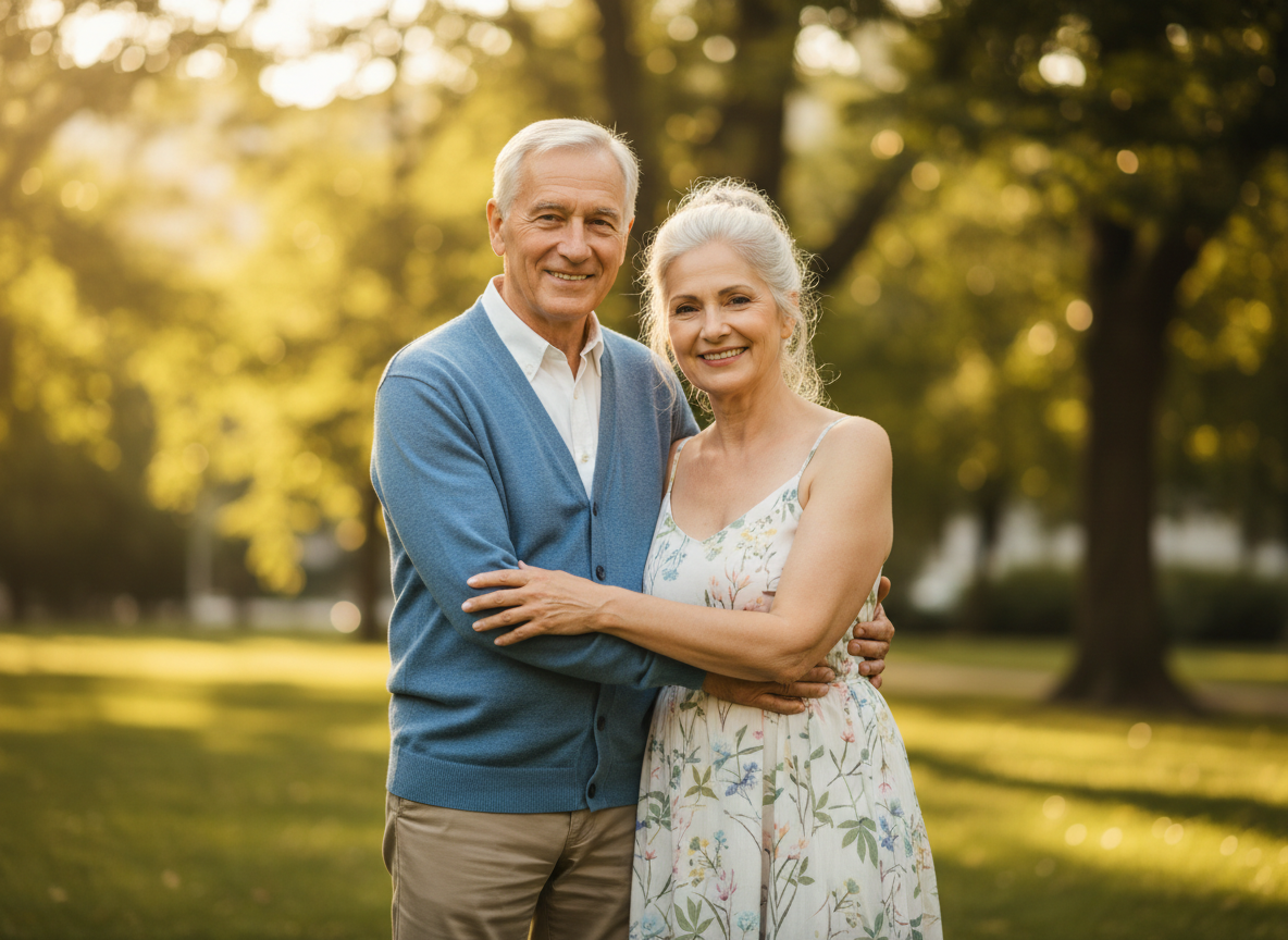An elderly couple stands outdoors in a park with trees and sunlight in the background, smiling at the camera.