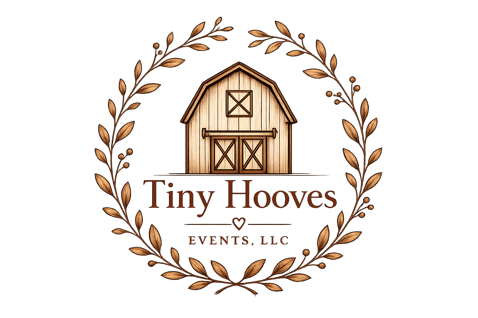 Logo for Tiny Hooves Events LLC featuring a wooden barn with a wreath made of leaves around it.