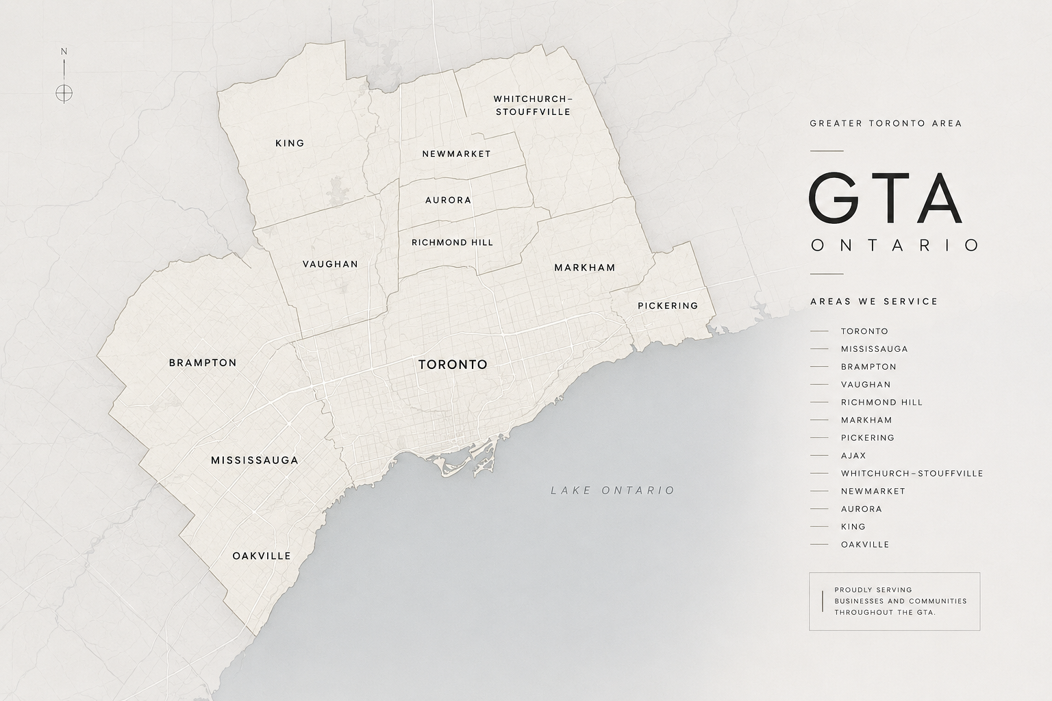 Map of the Greater Toronto Area in Ontario, showing districts including Toronto, Mississauga, Brampton, Vaughan, Richmond Hill, Markham, Pickering, Ajax, Whitchurch-Stouffville, Newmarket, Aurora, King, and Oakville. The map highlights service areas for businesses and communities.