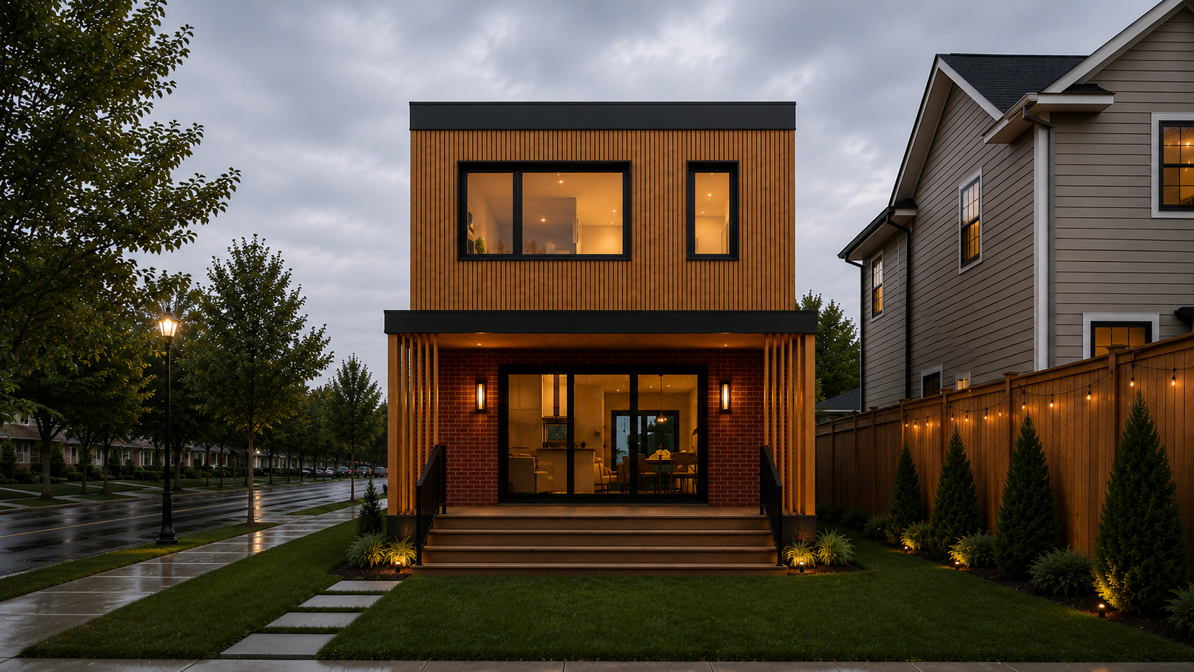 Modern house with brick and wood exterior, front steps, large glass sliding doors, and upstairs windows illuminated at dusk. Neighborhood street with trees, street lamps, and wet pavement.