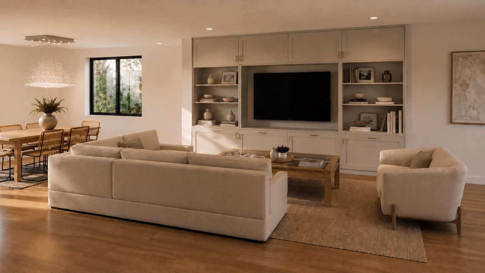 Living room with beige sofa and armchair, wooden coffee table, built-in shelving with TV, decorative books and vases, window with greenery outside, dining area with wooden table and chairs, ceiling light fixture, wood flooring, and framed artwork on 