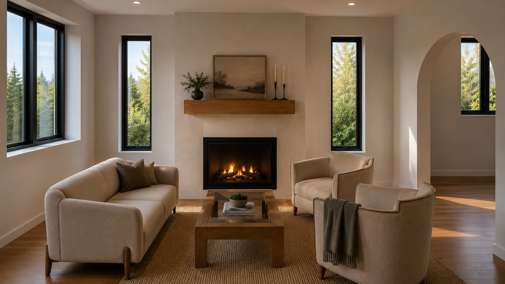 Living room with beige sofa and armchair, wooden coffee table, fireplace, large windows with view of trees, and a floating shelf with plant, picture, and candles.