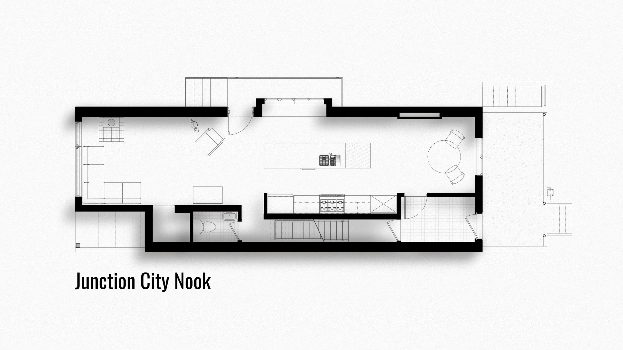 Floor plan of a house featuring living room, kitchen island, dining area, bathroom, and outdoor spaces with labels indicating 'Junction City Nook'.