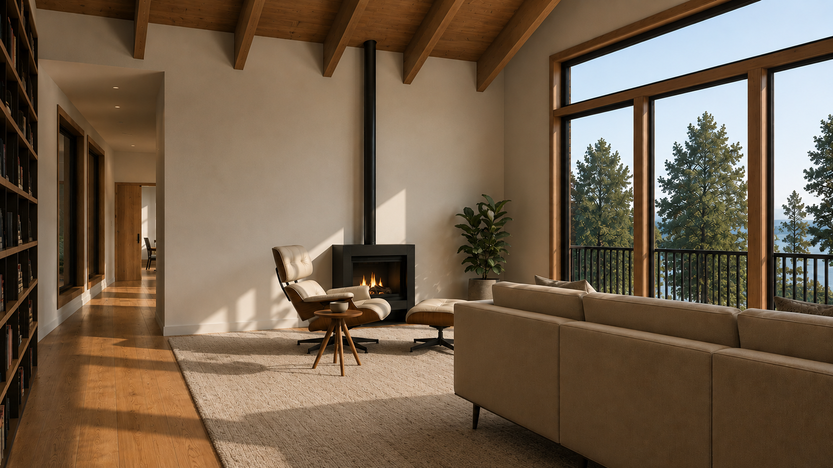 Living room with a beige sectional sofa, lounge chair, fireplace, large windows with a view of trees, wooden ceiling, and hardwood floors.