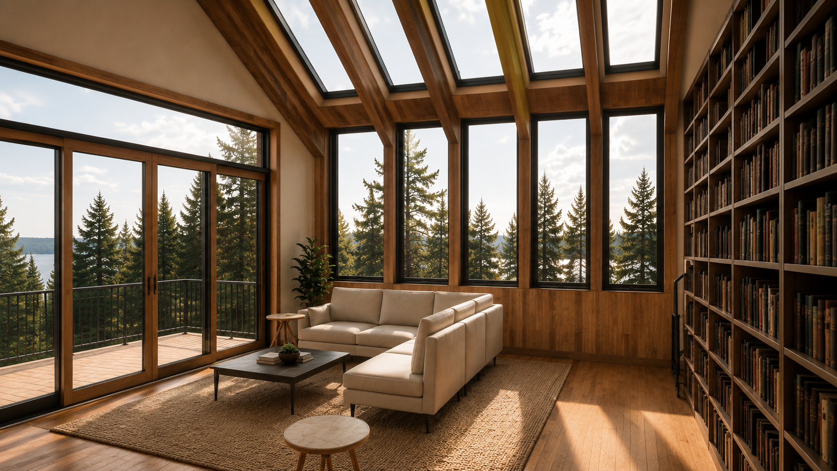 Living room with large windows overlooking a forest, with a beige sectional sofa, a wooden coffee table with a decorative bowl, a small round side table, a tall potted plant, bookshelf filled with books, hardwood floors, and a sliding glass door lead