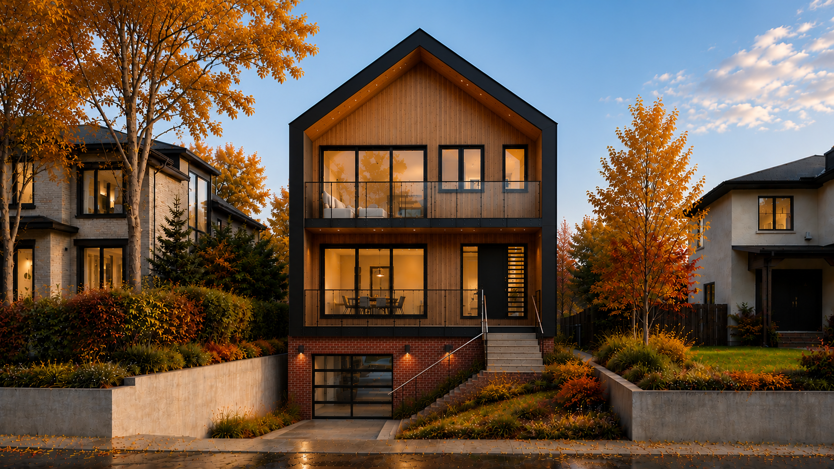 Modern three-story house with wooden and brick exterior, large windows, black framing, and a front staircase, surrounded by trees with orange fall foliage at sunset.
