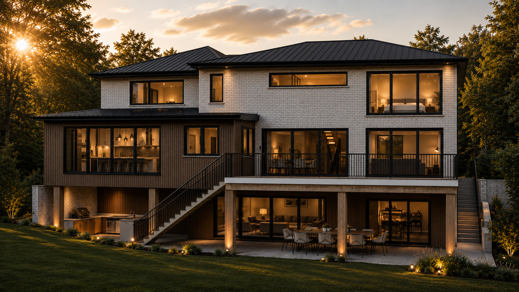 Modern multi-story house with large windows, illuminated from inside, surrounded by trees and greenery at sunset.