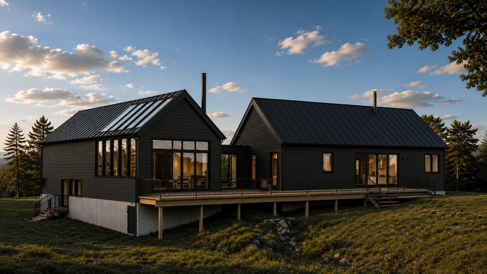 Modern black house with large windows and metal roof, situated on a grassy hillside during sunset, with trees and a partly cloudy sky in the background.