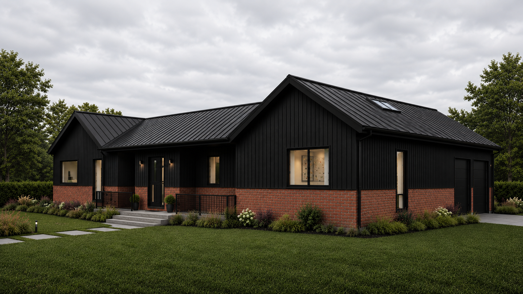 Modern black house with brick foundation, well-maintained front yard, concrete steps, and landscaped garden, under a cloudy sky.