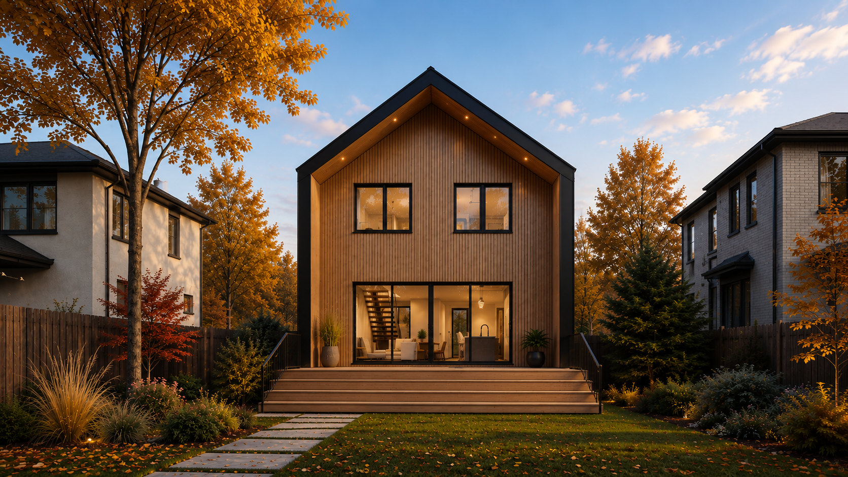 A modern wooden house with large glass sliding doors and windows, surrounded by a landscaped yard with plants and trees, during sunset.