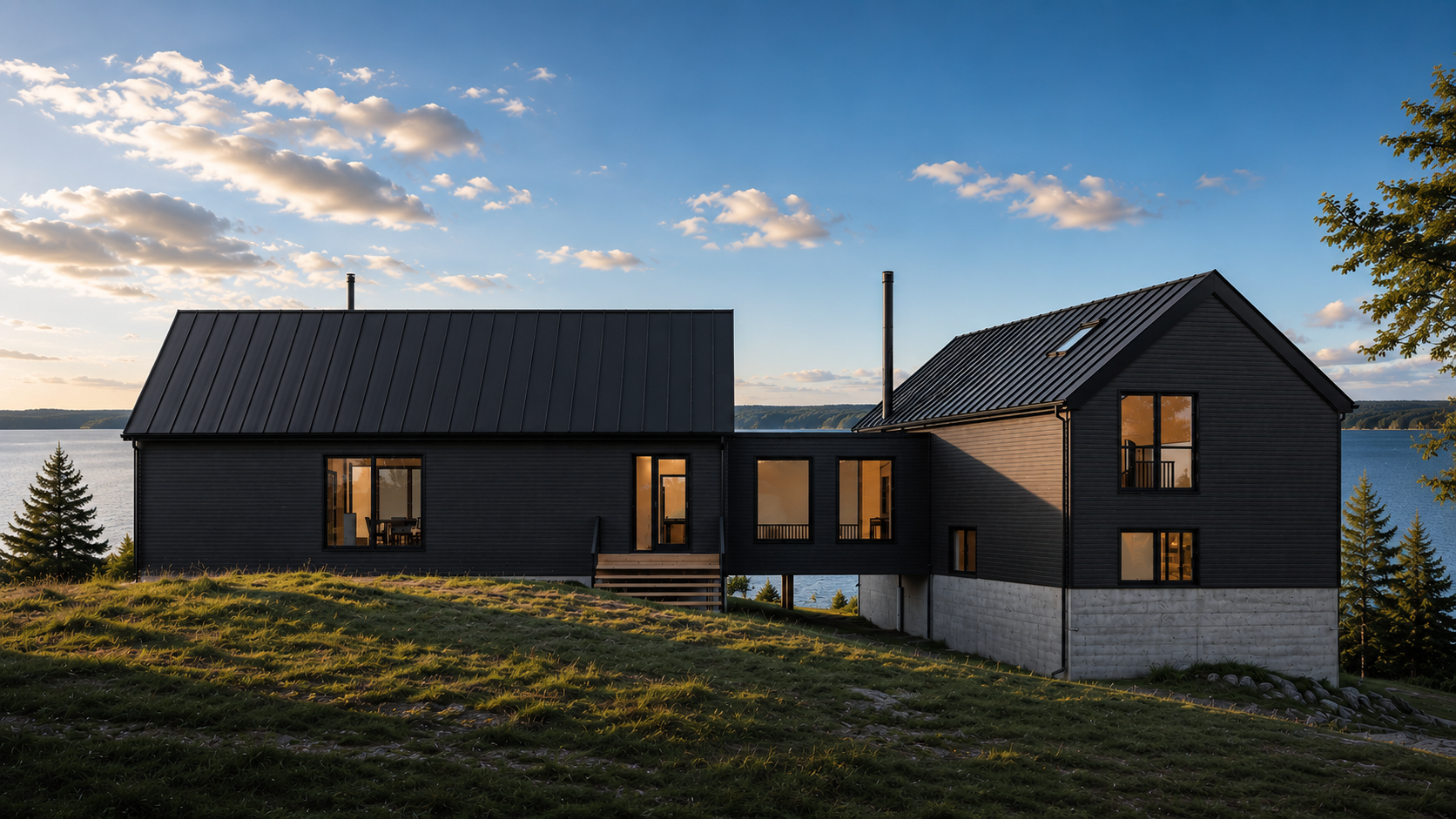 Modern black house with metal roof overlooking a river or lake during sunset, surrounded by trees on a grassy hill.