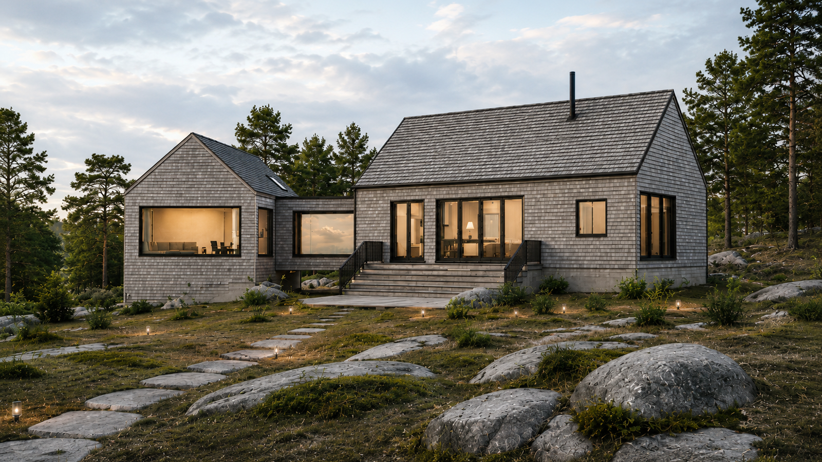 A modern house with shingle exterior and large windows, set in a rocky landscape with small plants and pathway lights, surrounded by trees at dusk.