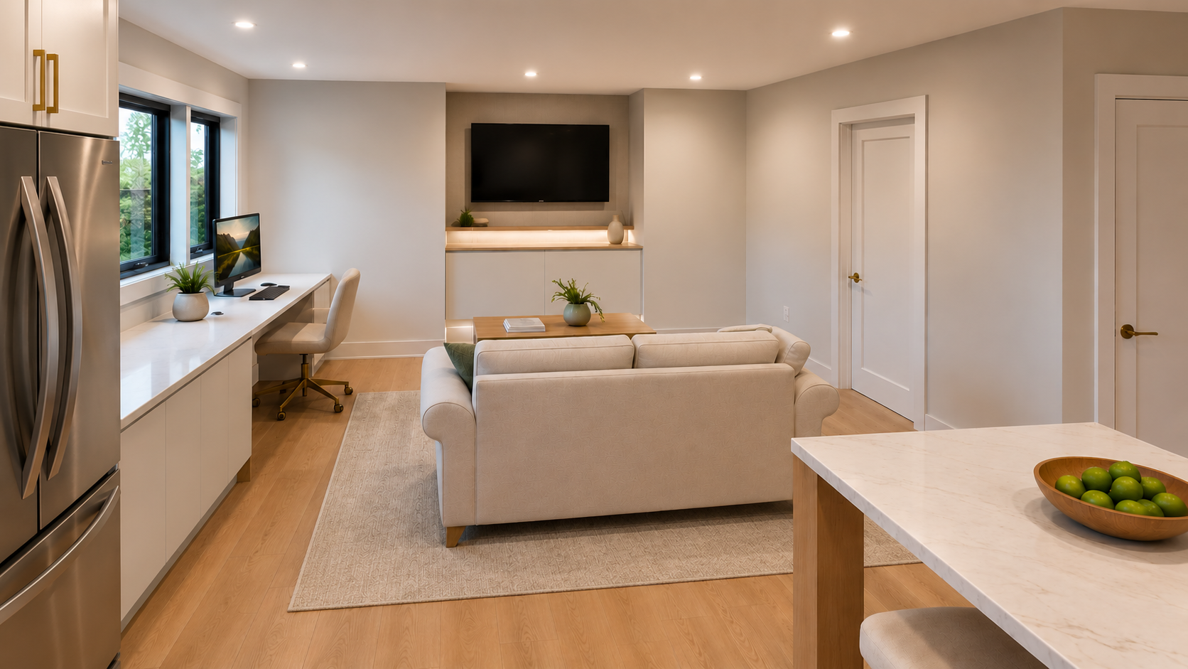 Modern living room with a cream sofa, wooden coffee table, flat-screen TV, white built-in cabinets, and a workspace with a computer near a window, hardwood floors, and neutral wall colors.