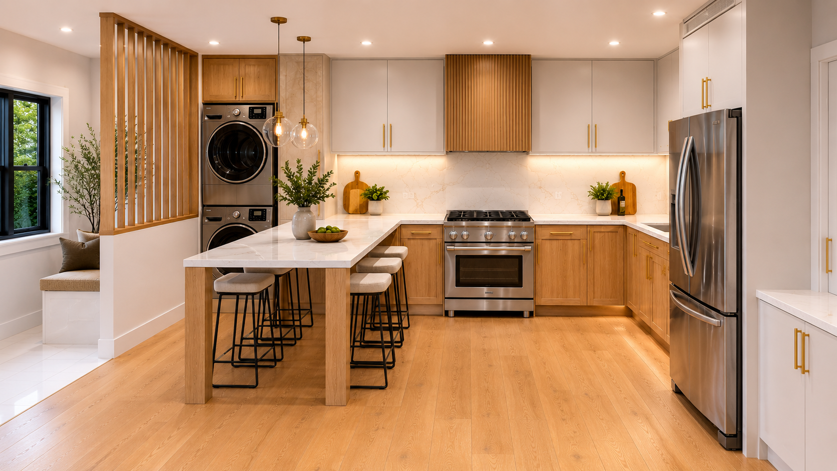 Modern kitchen with wood cabinets, stainless steel appliances, island with bar stools, plants, and pendant lighting.