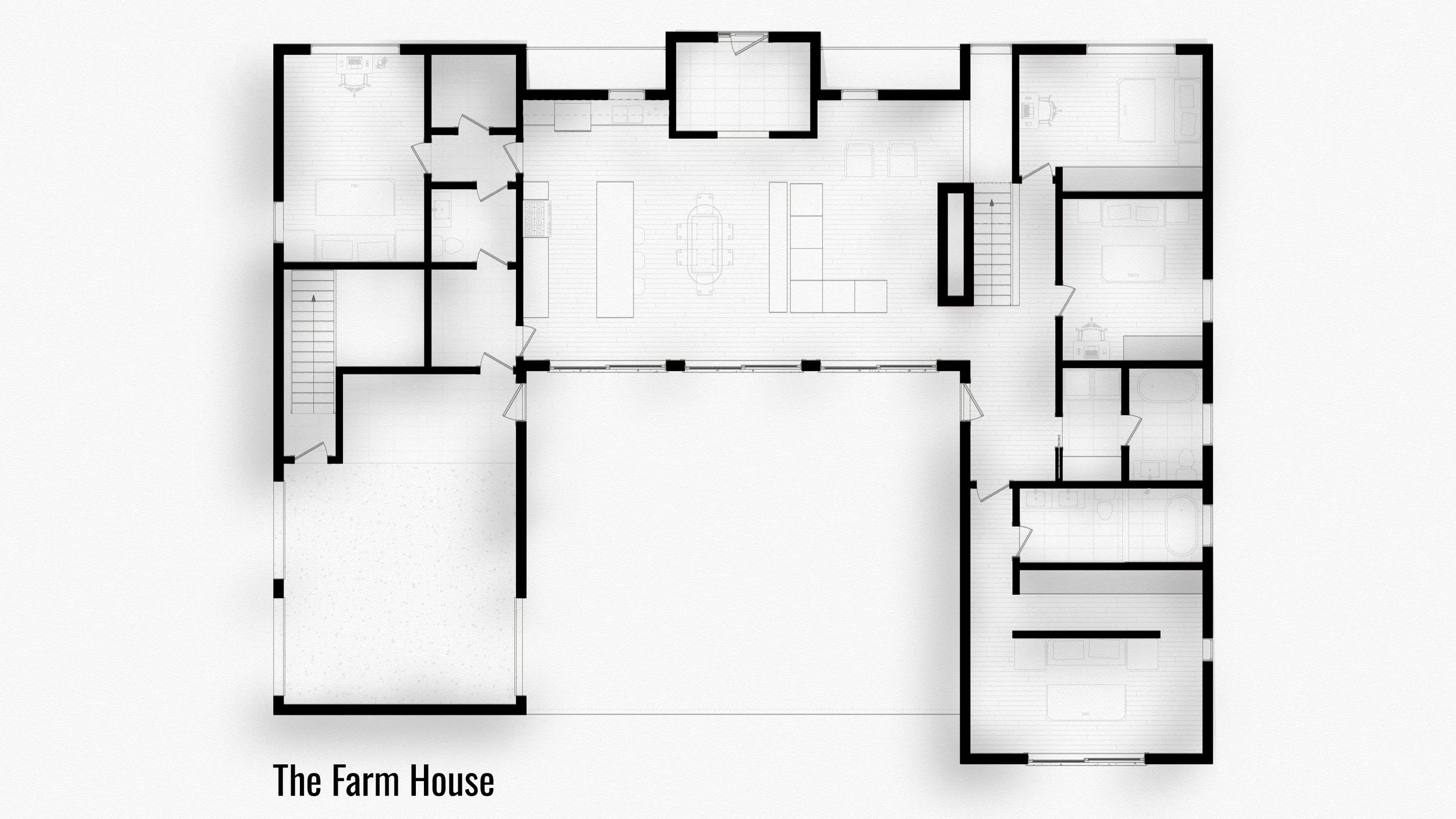 Floor plan of a house labeled as 'The Farm House', showing various rooms including bedrooms, bathrooms, a living area, kitchen, and garage.