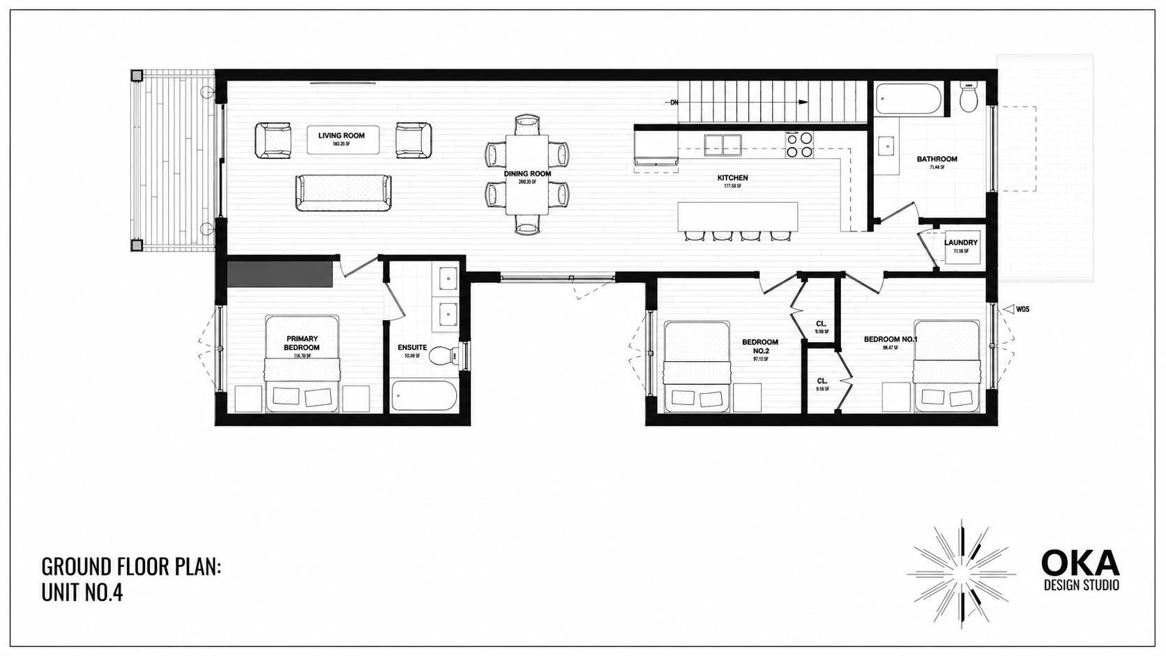 Floor plan of a house layout showing rooms including a living room, dining room, kitchen, bathroom, laundry, primary bedroom with ensuite, and two additional bedrooms, with labeled areas and measurements.