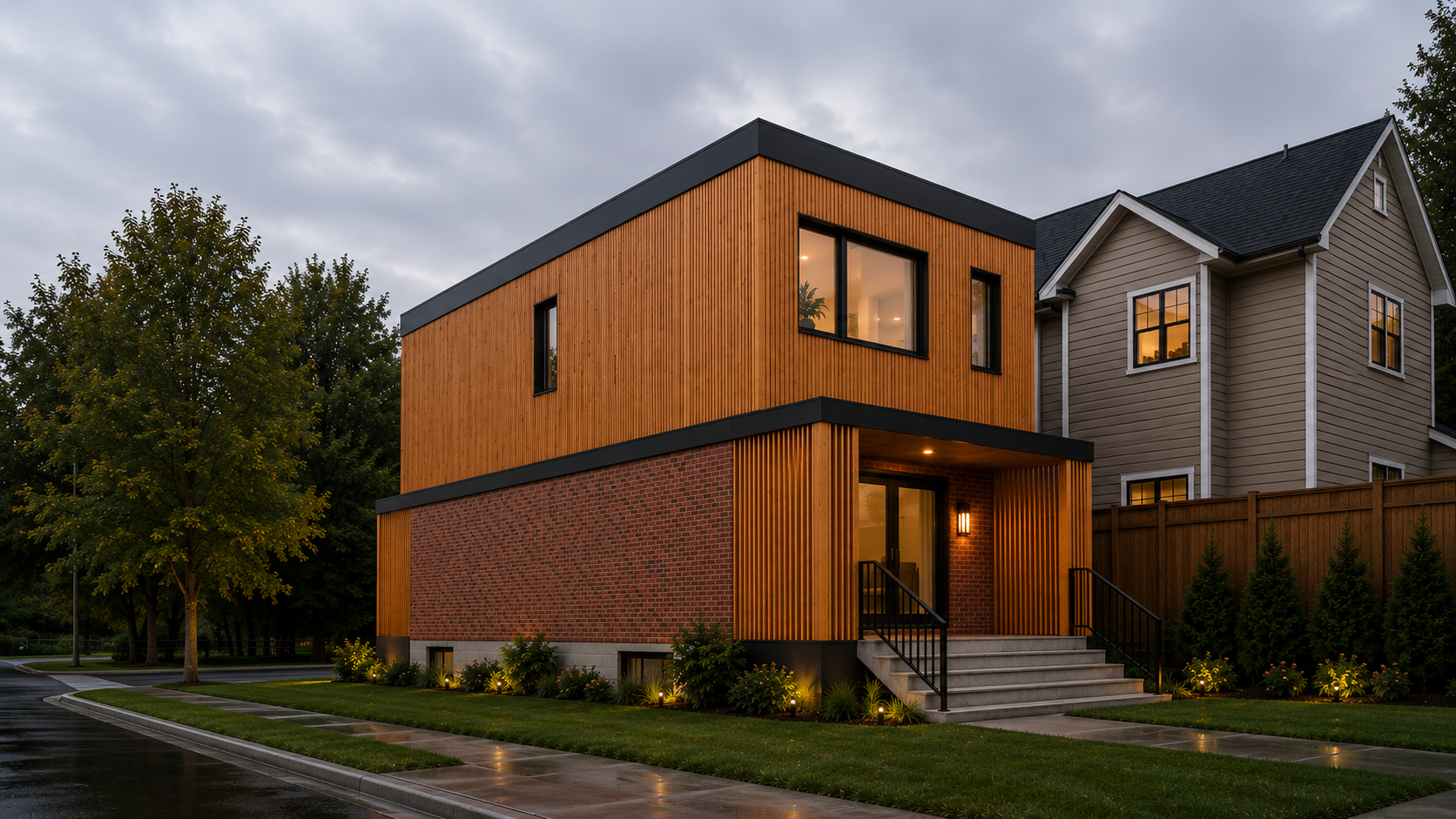 Modern two-story house with a brick and wood exterior, illuminated at dusk, surrounded by greenery and a wet sidewalk.