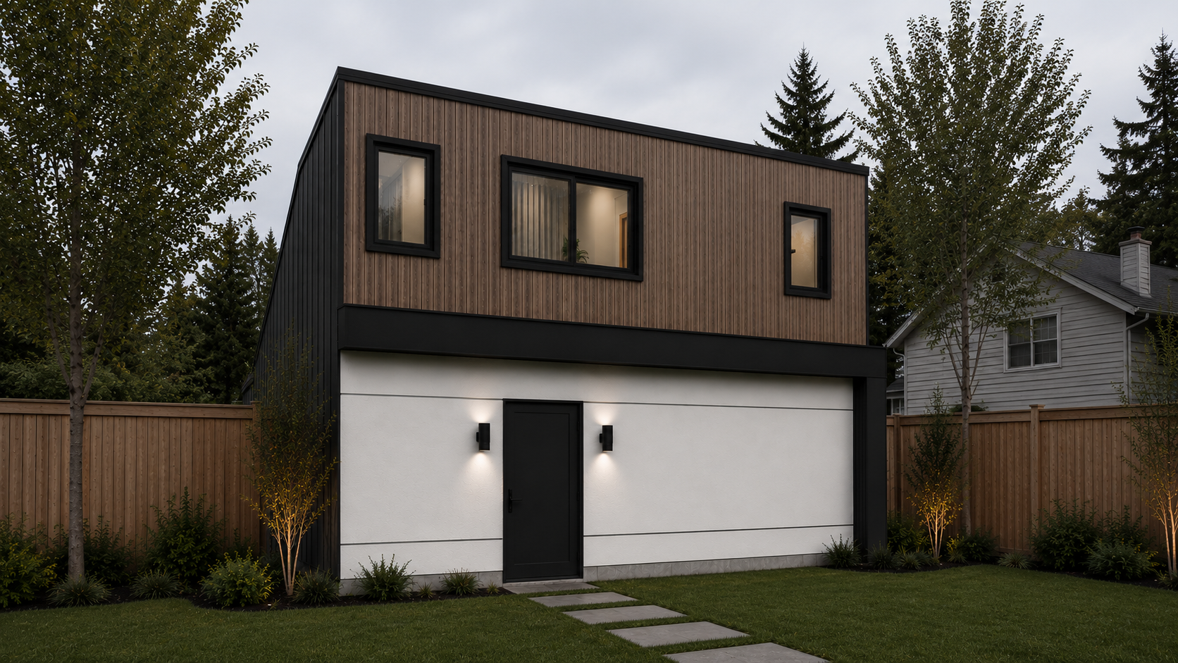 Modern two-story house with black window frames, exterior lights on, and a combination of black, white, and wooden siding. The front yard has a lawn, small trees, and a pathway leading to the black front door.