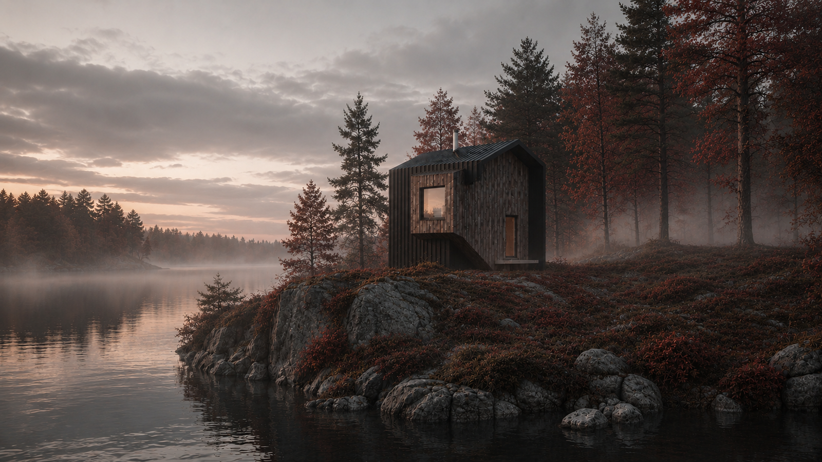 A small black wooden house on a rocky shoreline surrounded by trees with red leaves, fog over the water, at sunrise or sunset.