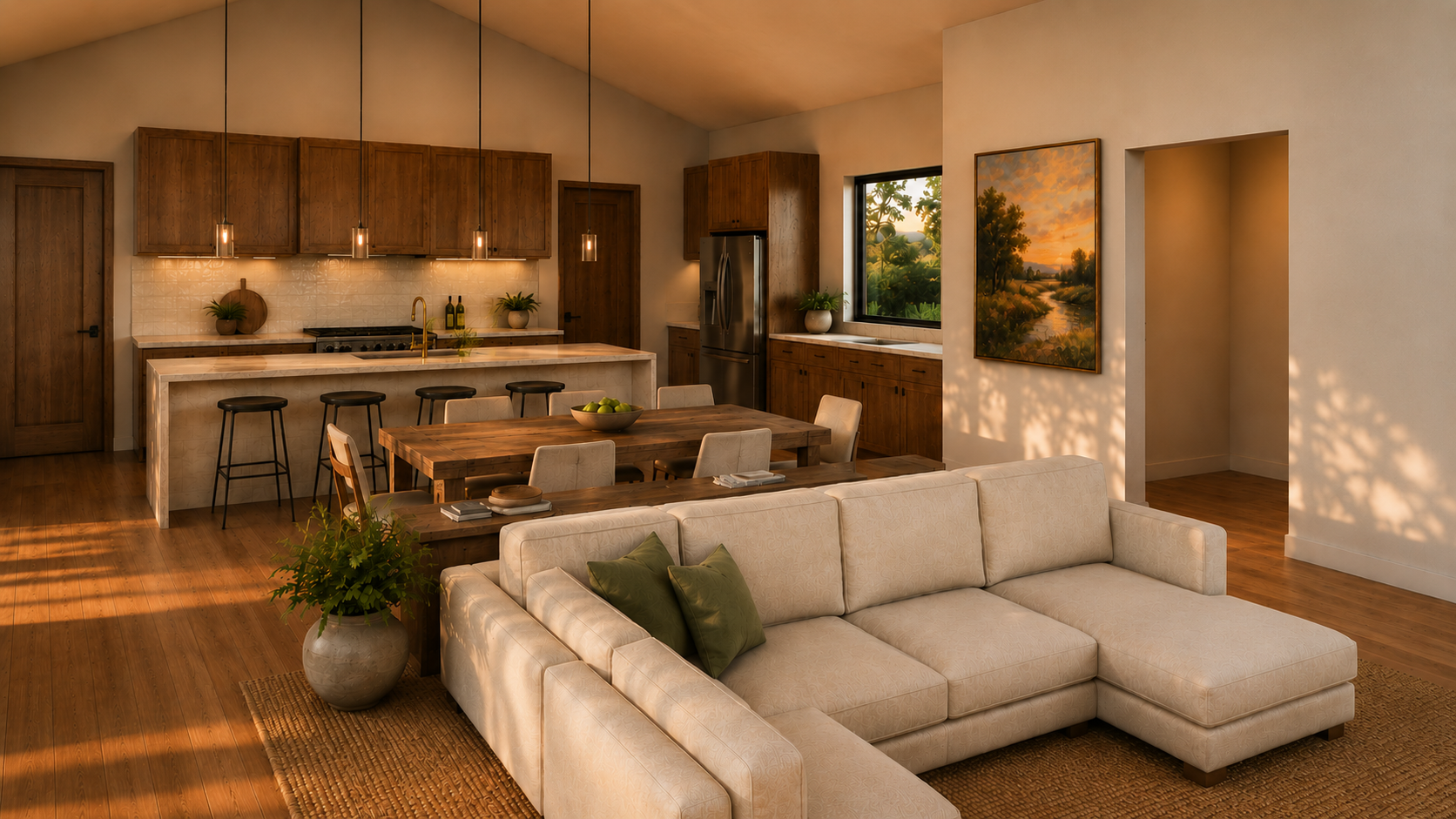 Open-concept living room and kitchen with wooden cabinetry, white marble countertops, a painting of a river scene, and ample natural light from window.