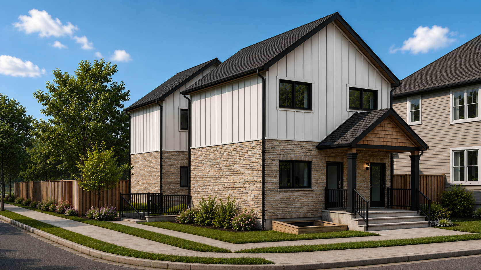 newly built house with a mix of brick and white siding, with a small covered porch, front steps, and trim black windows, landscaped front yard with grass, plants, and a sidewalk