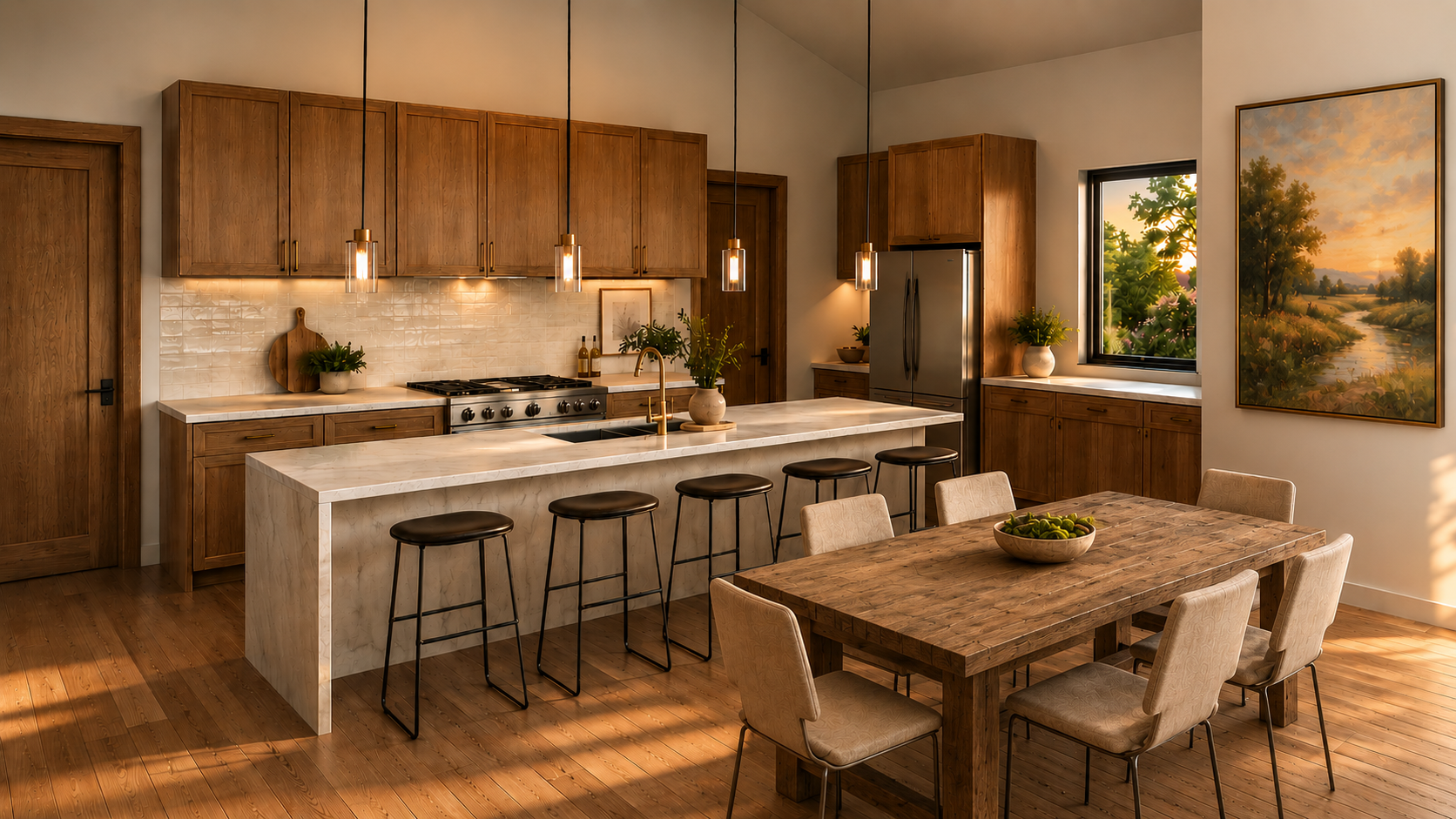 Modern kitchen with wooden cabinets, white marble island, dining table with six chairs, and large window showing outdoor greenery.