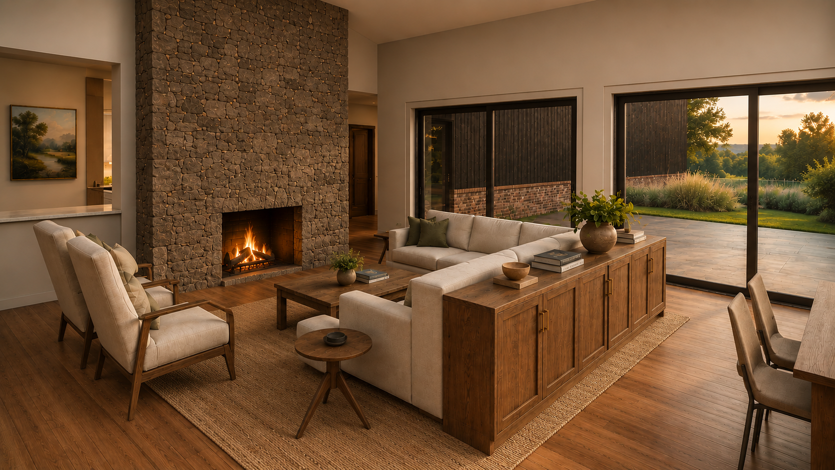 Living room with a stone fireplace, cream sofa, armchairs, wooden furniture, and large sliding glass doors showing a patio and garden at sunset.