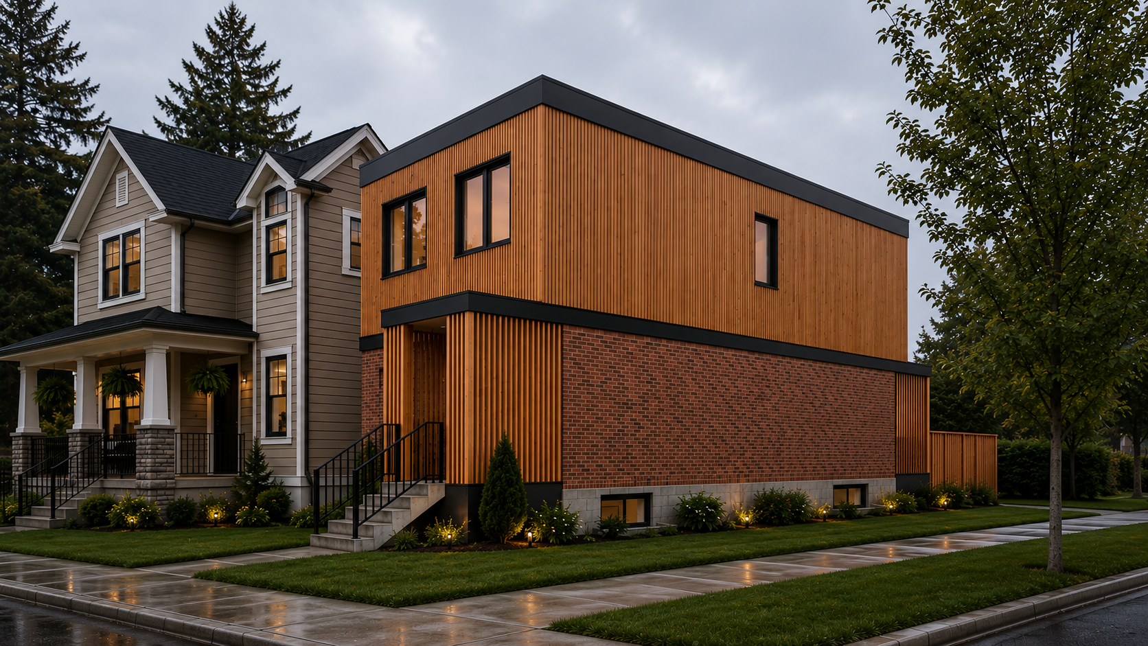 A modern two-story house with wooden and brick exterior, black window frames, front steps with black railings, surrounded by landscaped lawn and trees, under a cloudy sky at dusk.