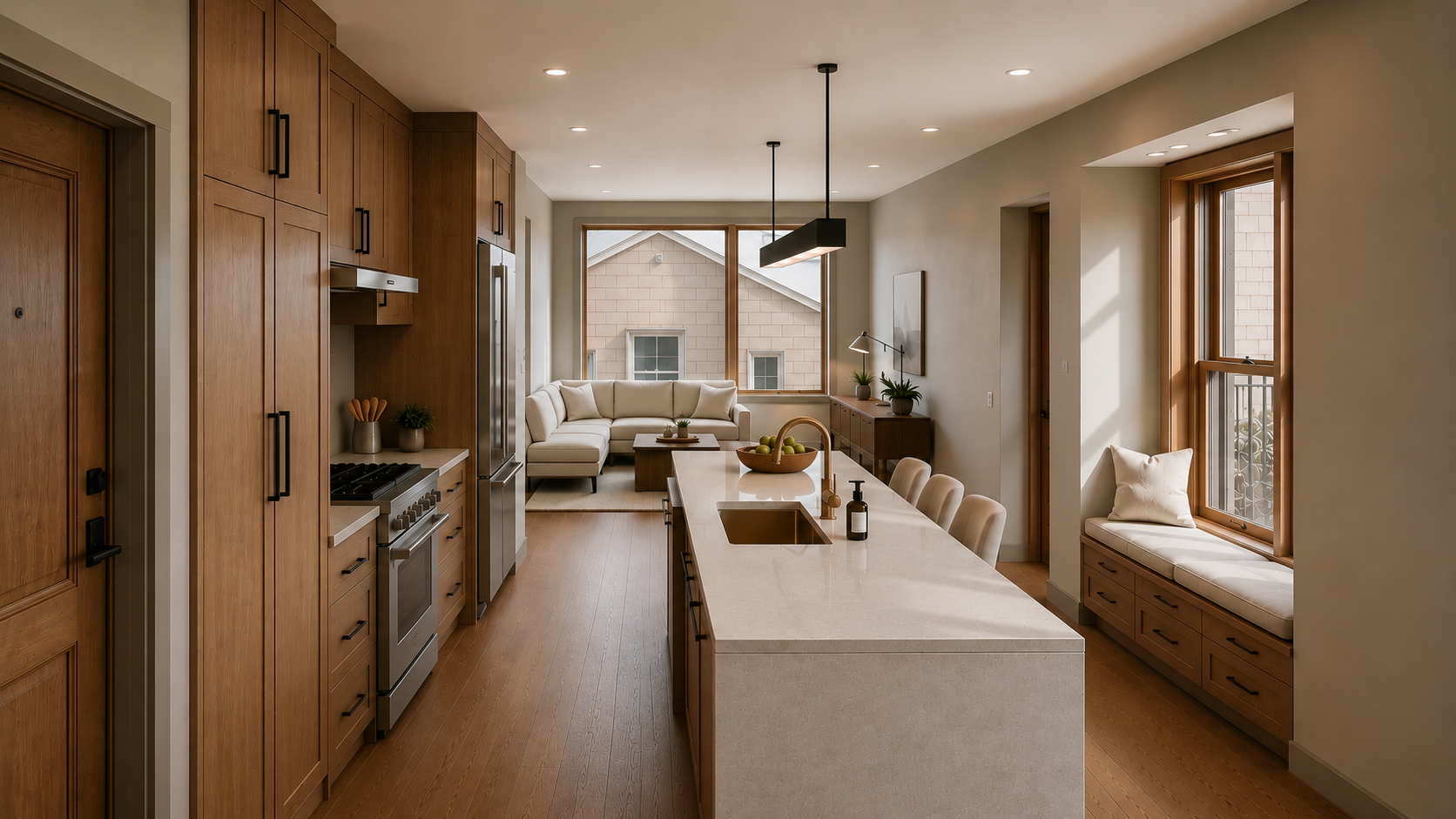 A modern open-concept living room and kitchen with wooden cabinets, a large kitchen island, and a cozy window seat with cushions.