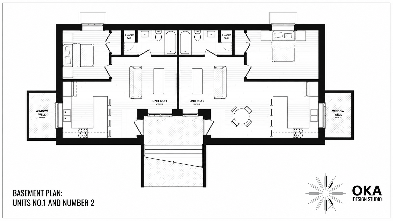 Floor plan for a basement with two units, Unit No. 1 and Unit No. 2. Each unit has a living area, kitchen, bedroom, bathroom, and window well. The shared entrance has stairs leading down into the basement.