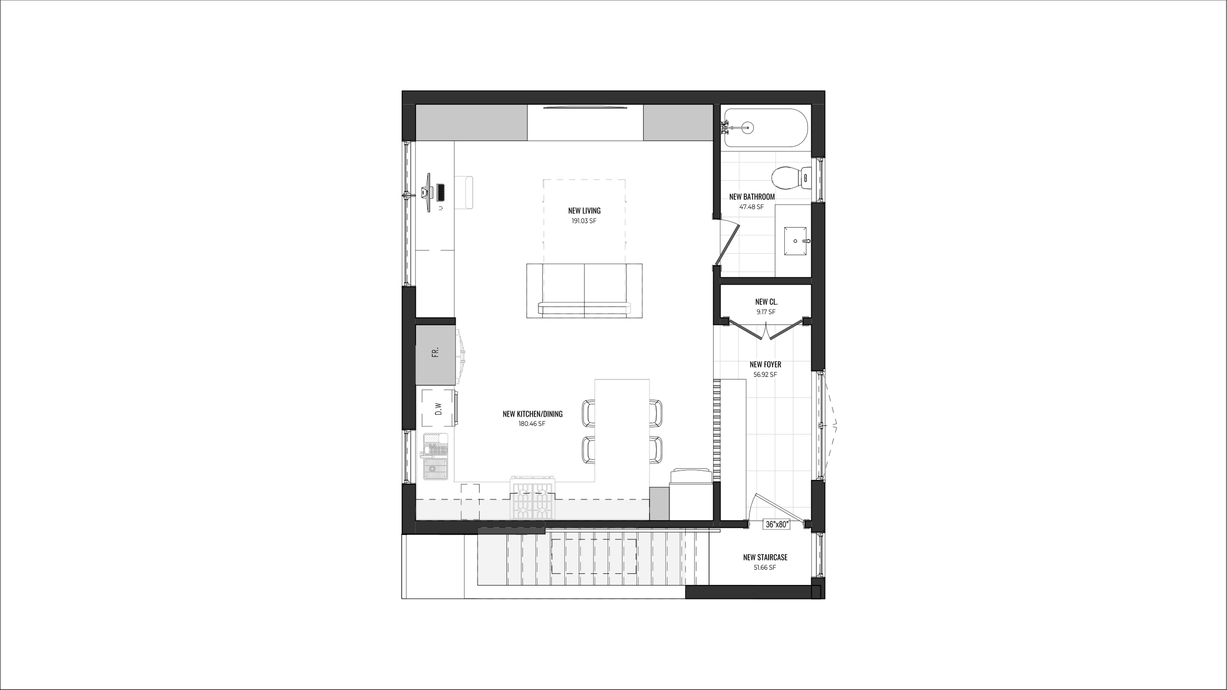 Floor plan of a house showing a kitchen/dining area, living room, bathroom, closet, foyer, and staircase.
