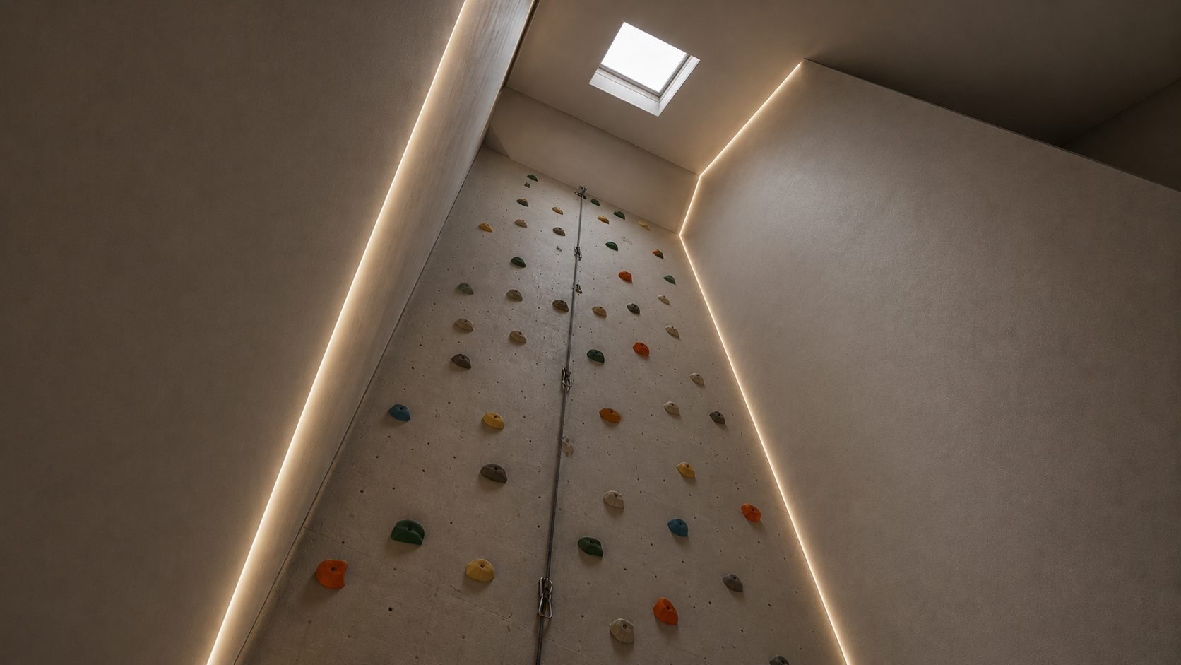 Indoor rock climbing wall with colorful holds, viewed from below near a skylight and illuminated LED strips.