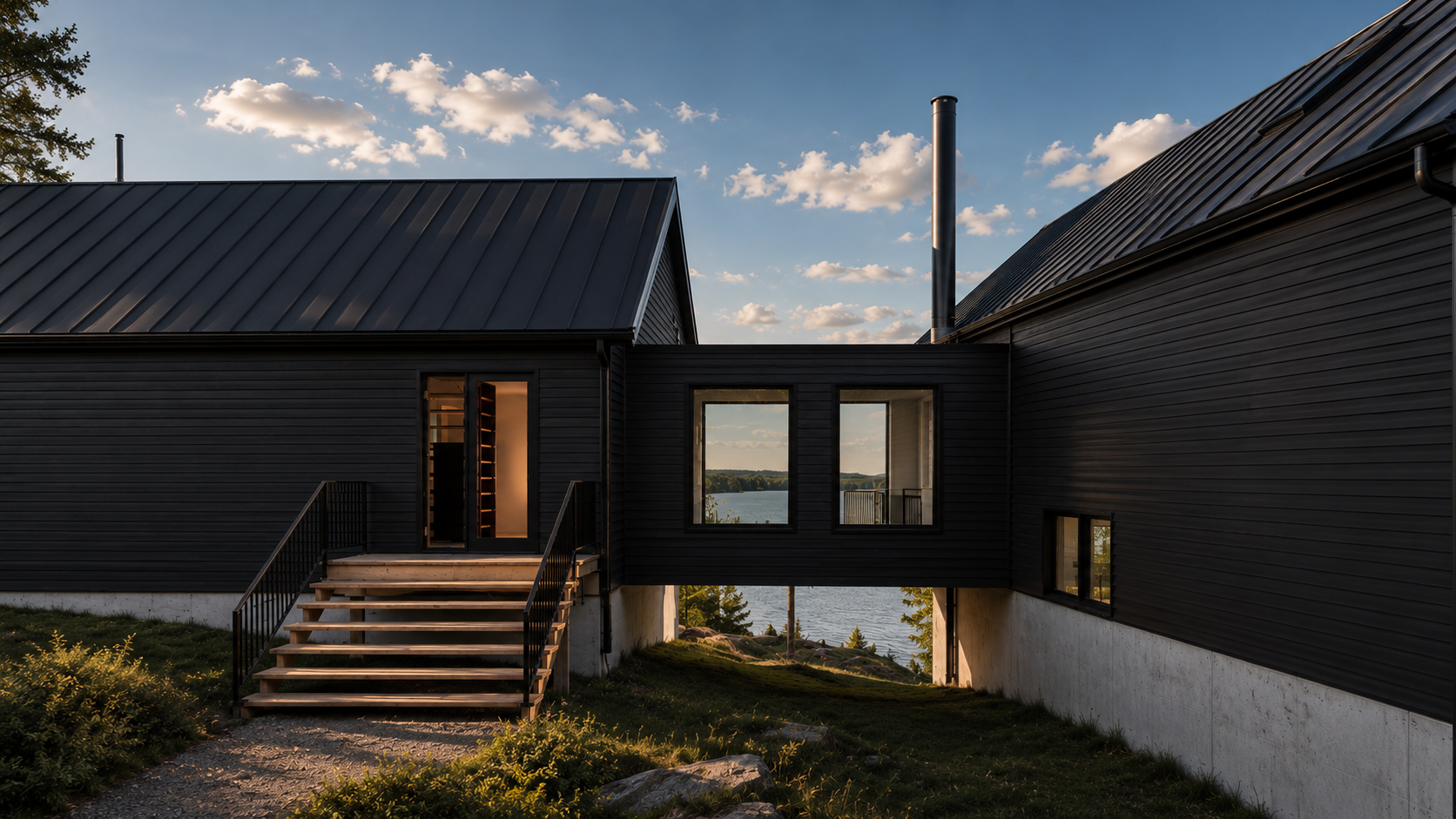 Modern black house with metal roof, located near a lake, with stairs leading to the entrance, surrounded by grass and rocks, under a partly cloudy sky.