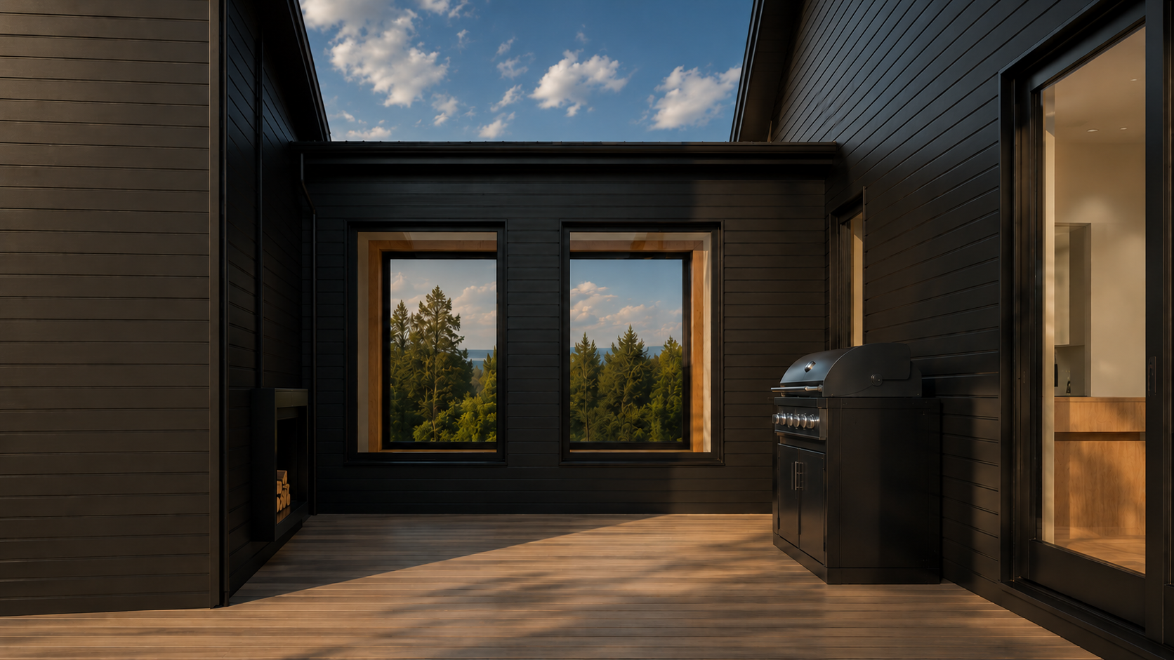A modern outdoor deck area with black wooden siding, two large windows showing a view of trees and sky, a black gas grill, and a sliding glass door leading into the house.