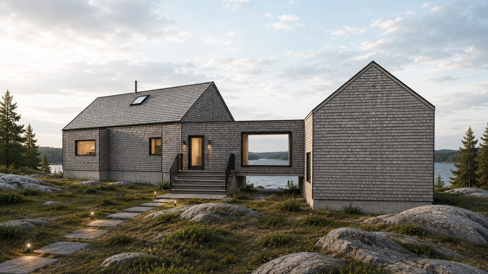 Modern house with gray shingle exterior on rocky terrain near water, with trees and cloudy sky in the background.