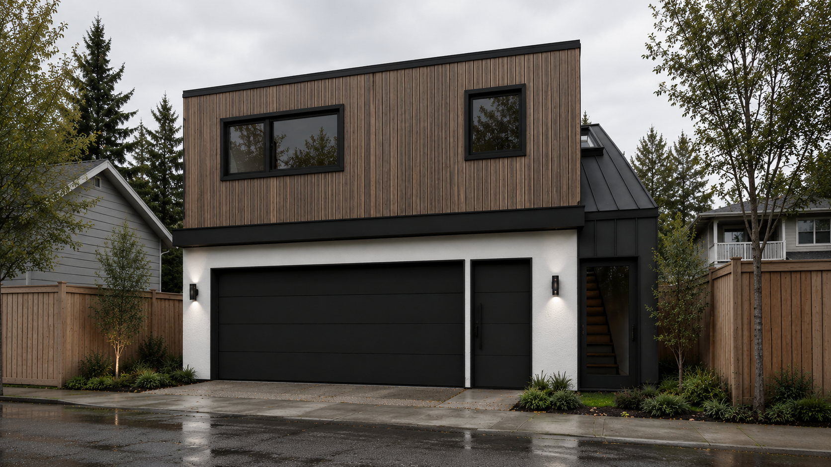 Modern house with a black garage door, wood and white exterior, and black window frames, surrounded by a wooden fence and trees under a cloudy sky.