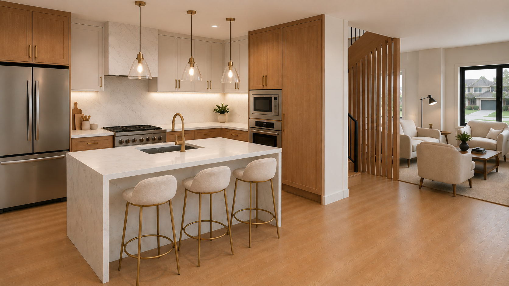 Modern open-plan kitchen with white marble island and light wood cabinetry, adjacent cozy living room with beige armchairs and a large window.