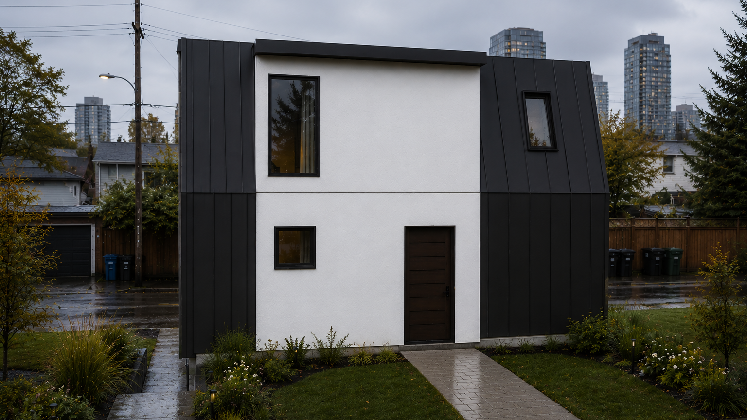 Modern two-tone house with black vertical siding and white stucco section, small front yard with plants, paved walkway, and city skyline in the background on a rainy day.