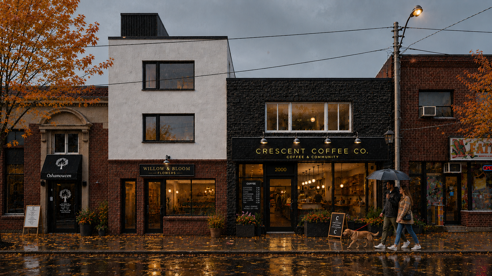 Street scene outside Crescent Coffee Co. with people walking under umbrellas in rain, autumn leaves on wet sidewalk, illuminated storefronts, and neighboring businesses including a flower shop and a restaurant.