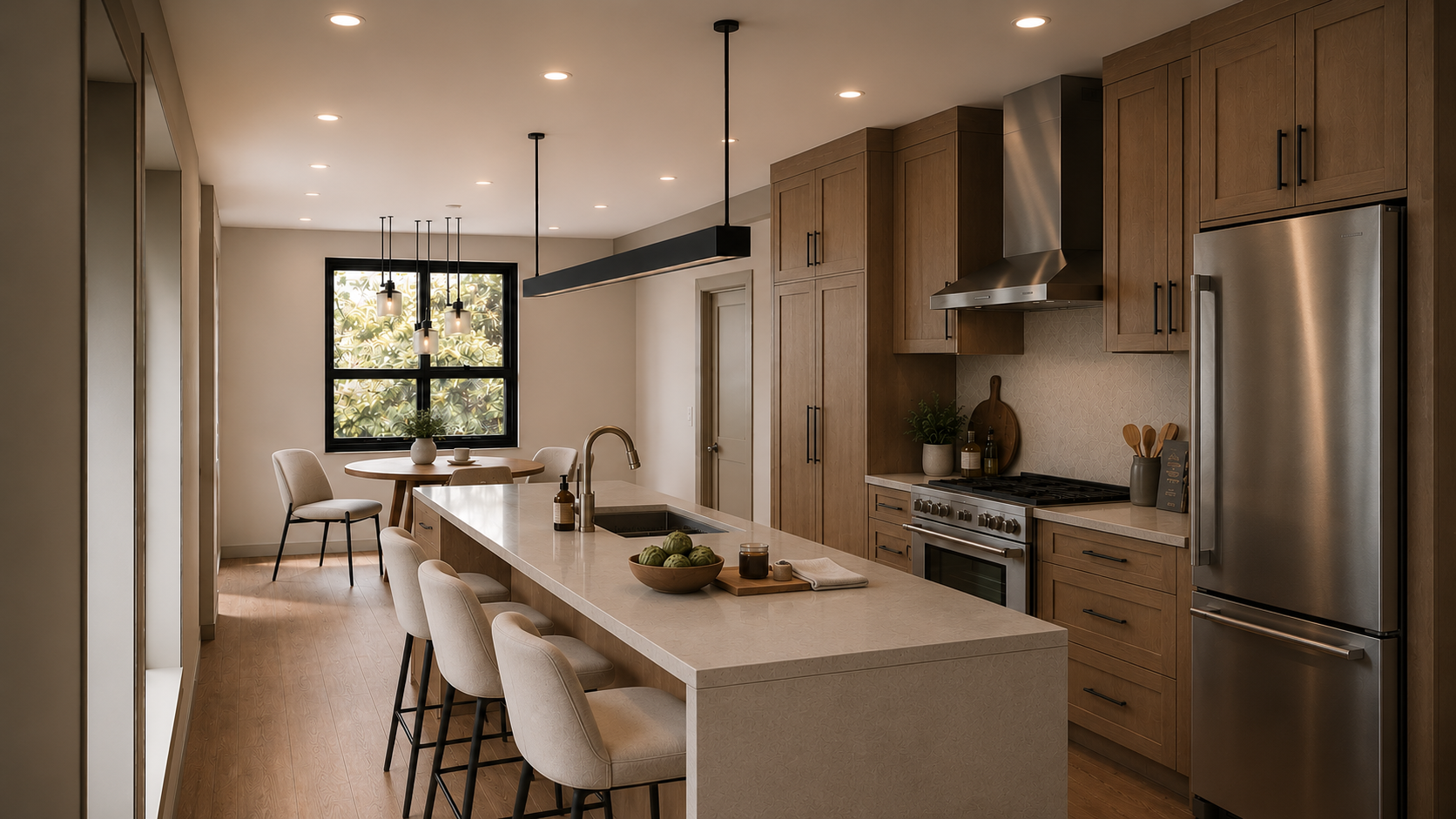 Modern kitchen with wooden cabinets, stainless steel appliances, and a large island with seating. There is a window near a dining area with a round table and chairs, and pendant lights hang over the table.