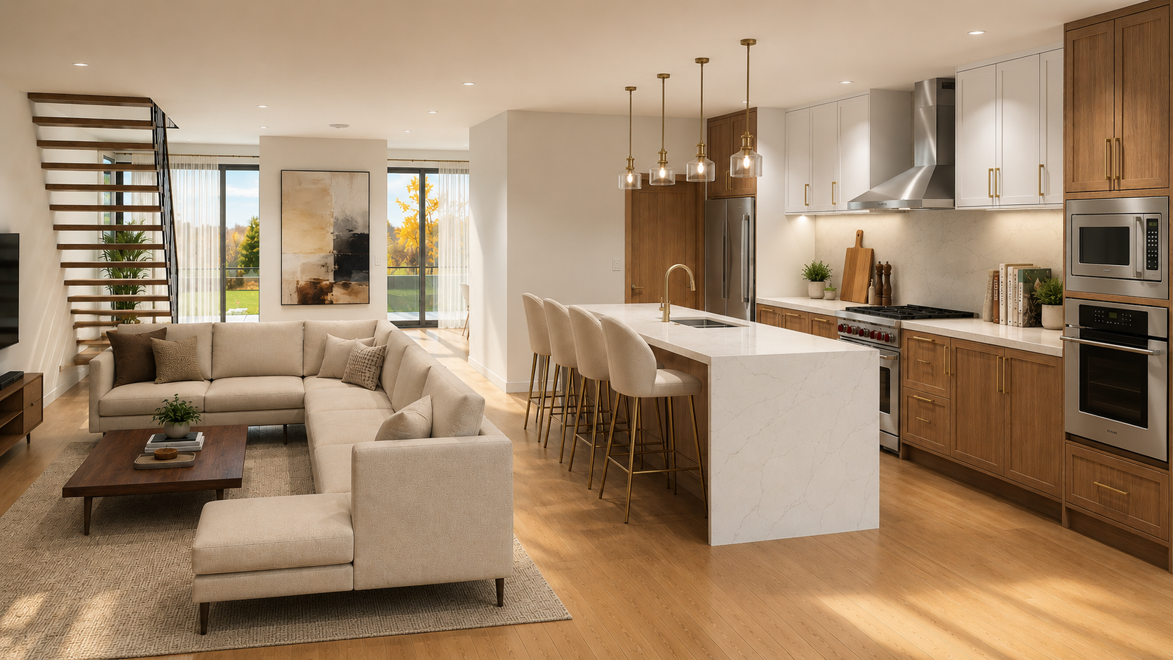 Open-concept living room and kitchen with beige sectional sofa, wooden coffee table, abstract wall art, kitchen island with four beige chairs, modern appliances, and wood and white cabinetry.