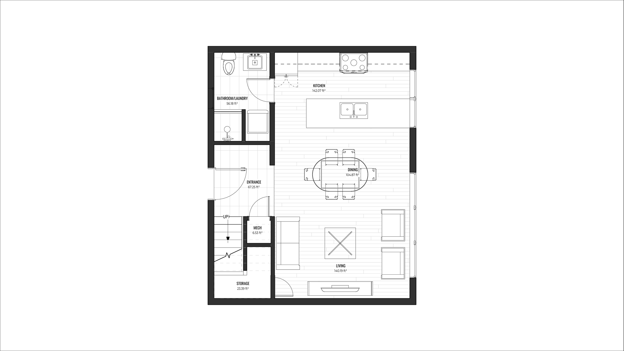 Floor plan of a house showing rooms labeled Living, Dining, Kitchen, Bathroom/Laundry, Storage, Mechanical, and Entry with specific areas and features outlined.