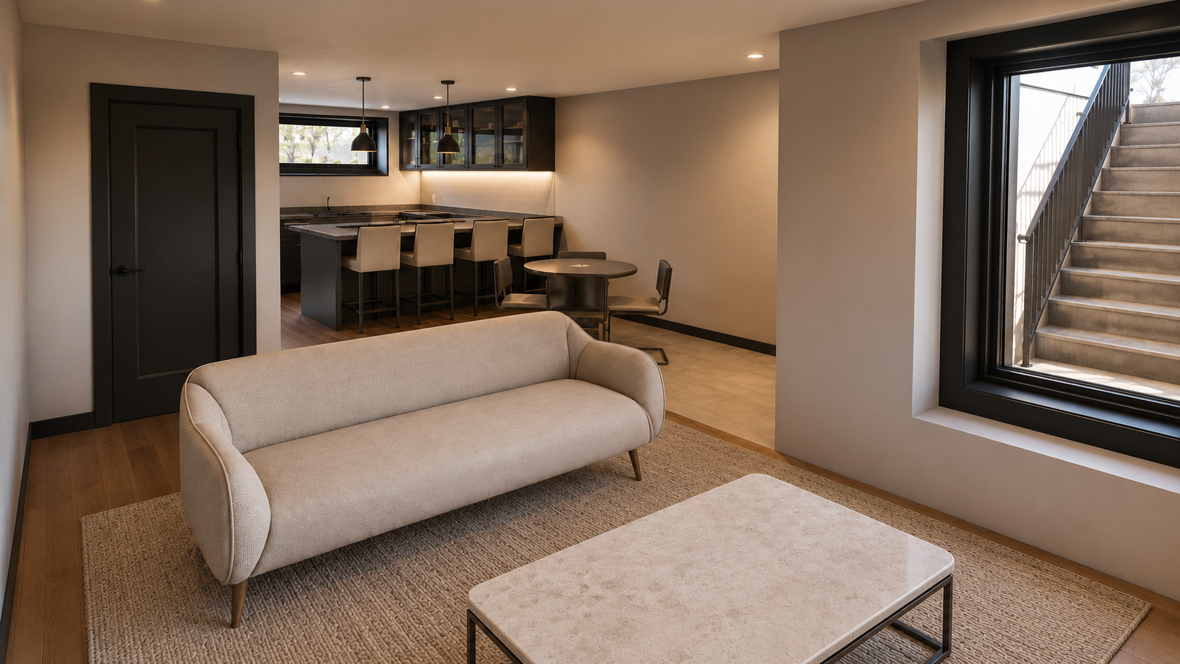 Living room with cream sofa, beige rug, coffee table, black door, window view of stairs outside, open kitchen with bar stools, round dining table with chairs, black cabinetry, pendant lighting, and recessed ceiling lights.