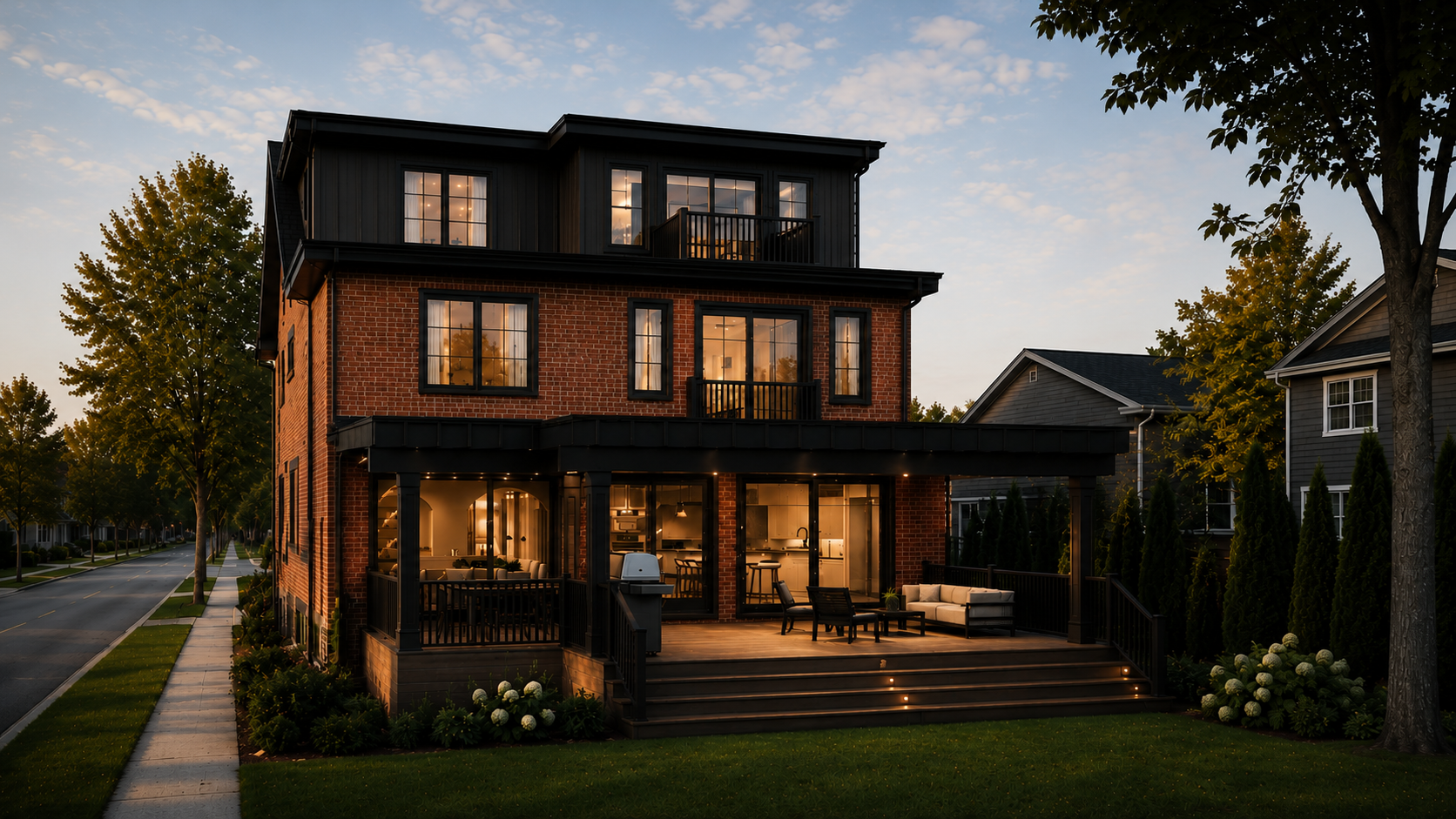 Three-story brick house with large windows and a spacious backyard deck, surrounded by trees and neighboring houses at dusk.