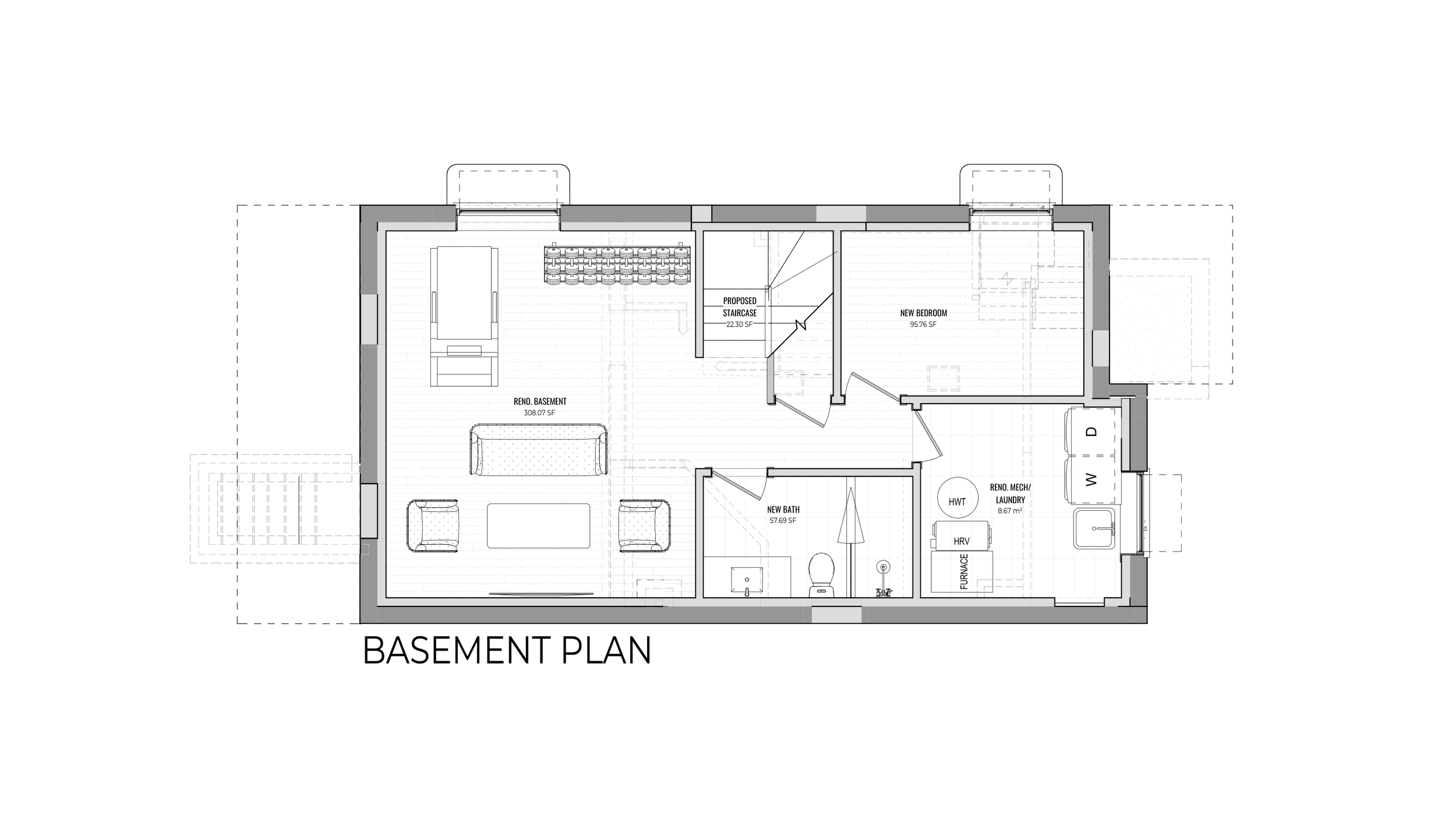 Floor plan layout of a basement with labeled rooms including a recreation area, bathroom, laundry, storage, and staircase.