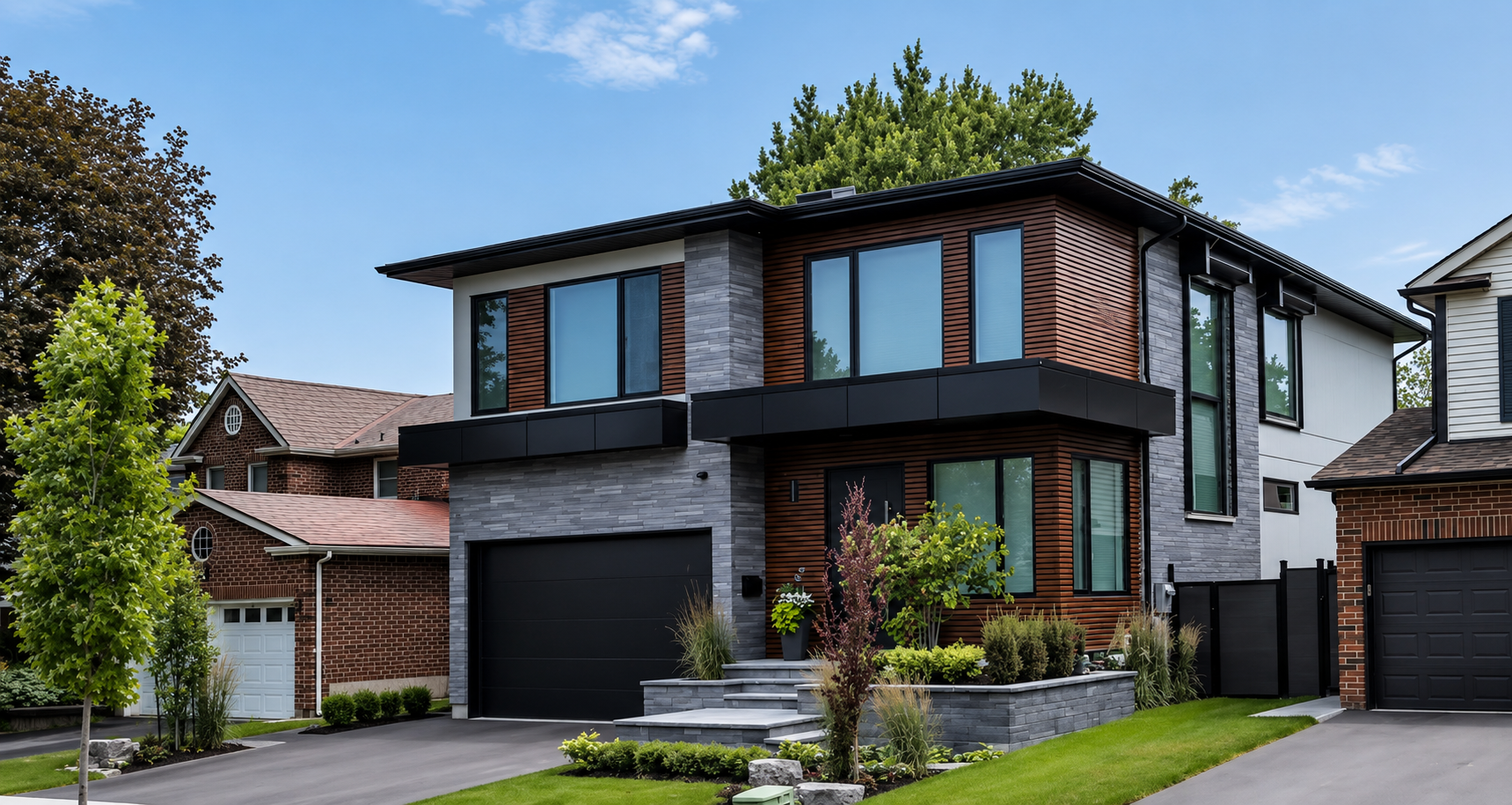 Modern two-story house with a gray brick and wood exterior, large windows, and a black garage door, surrounded by a landscaped yard with trees and shrubs.