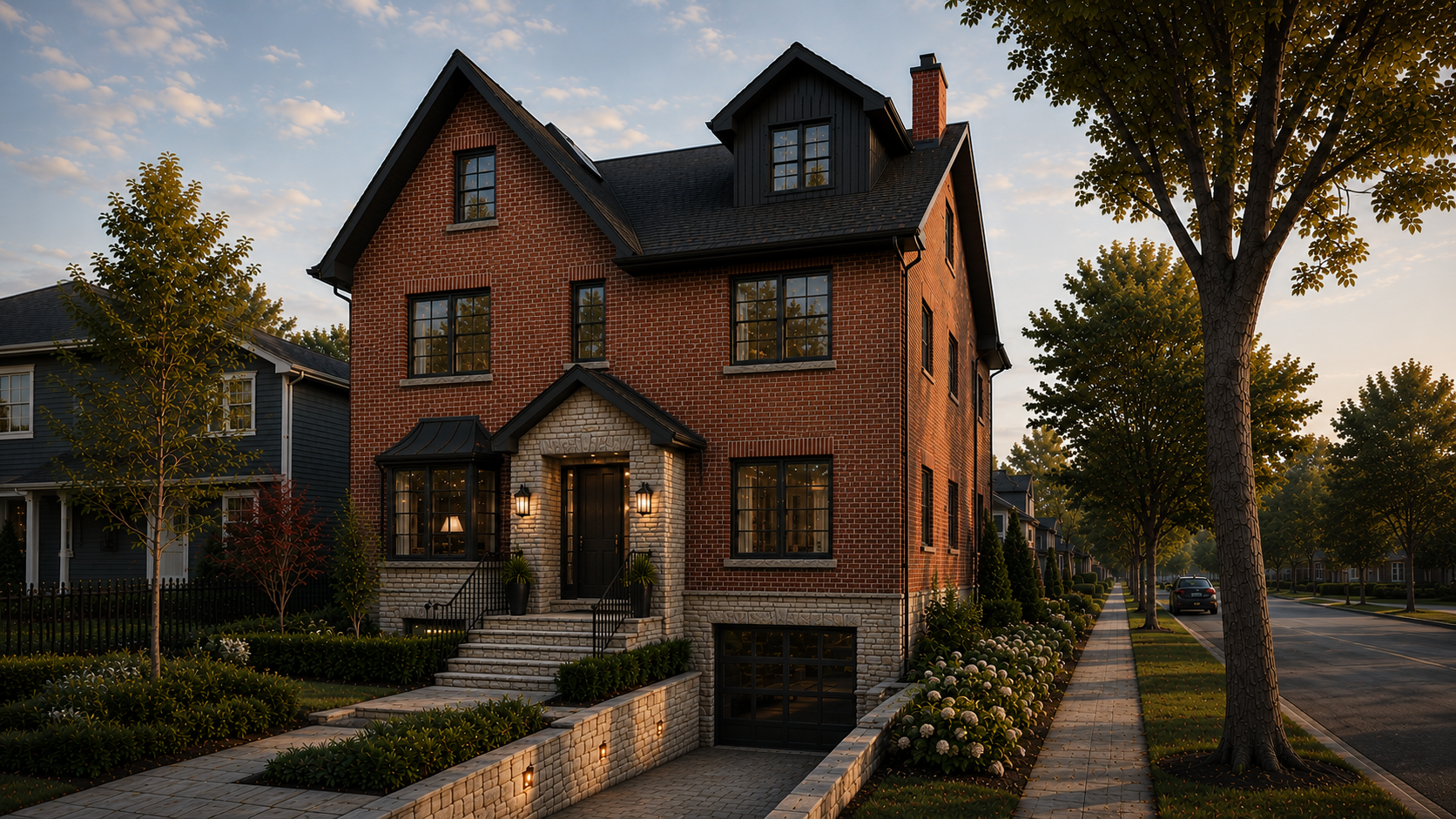 A large red brick house on a residential street during sunset with a tree-lined sidewalk and parked cars.