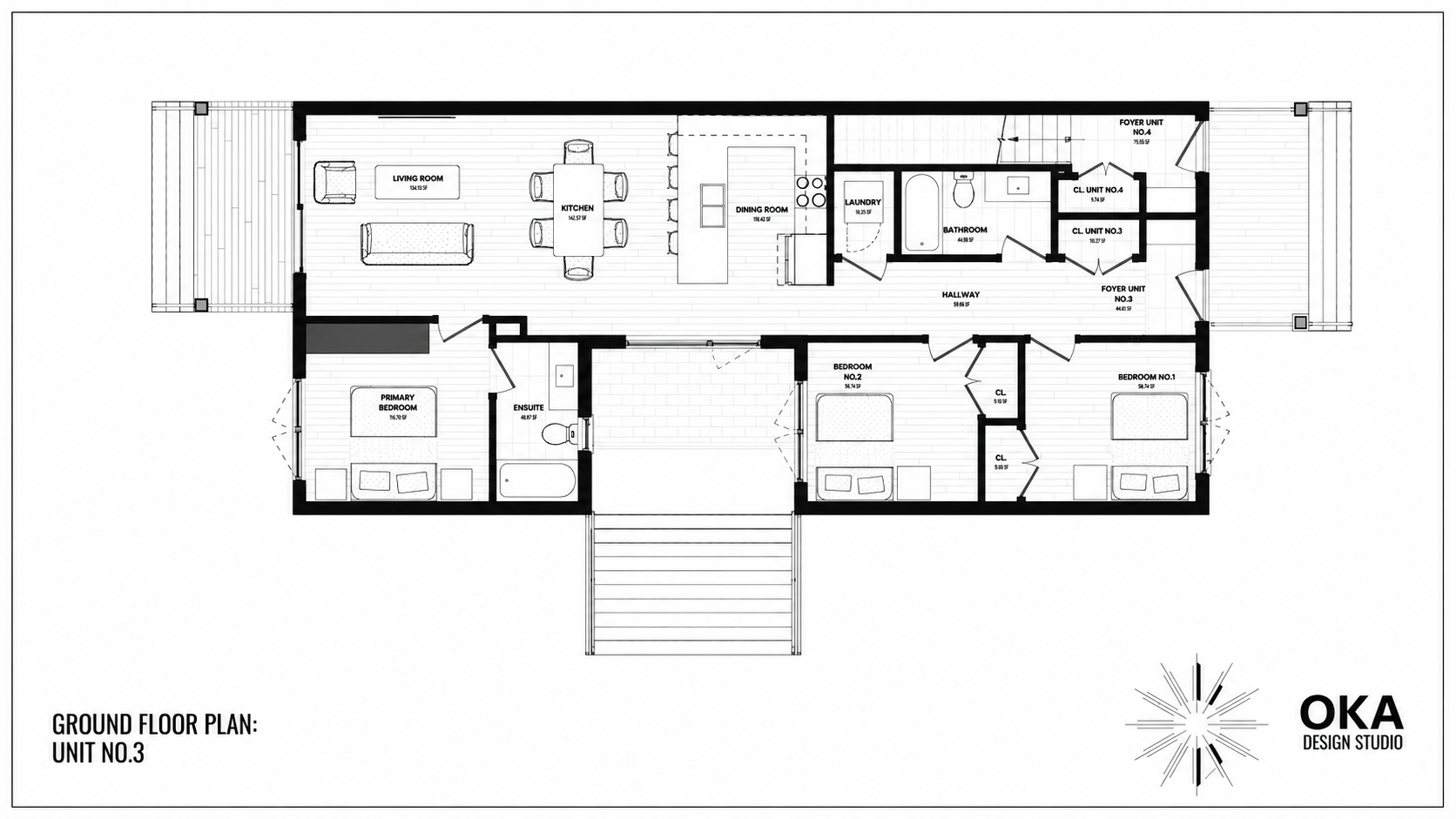Architectural floor plan of a ground floor layout labeled 'UNIT NO.3'. Features include a living room, kitchen, dining room, laundry, bathroom, foyer units, hallways, and three bedrooms with closets. The primary bedroom has an ensuite bathroom. The p